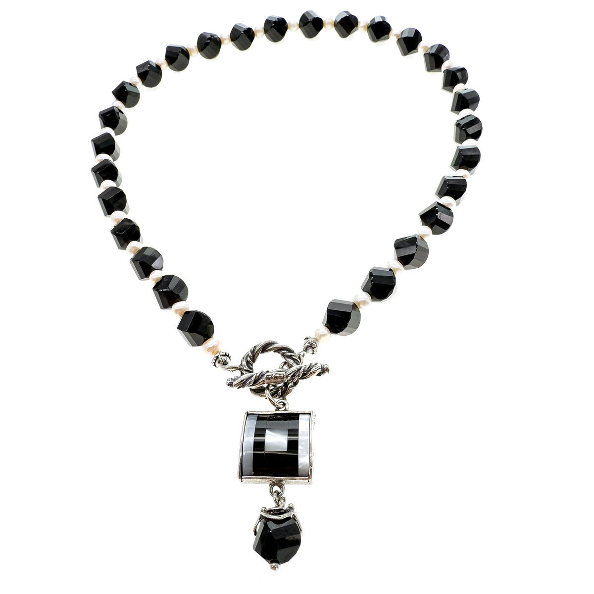 Black And White Square Inlay Necklace – Sterling Silver – Gem Kingdom
