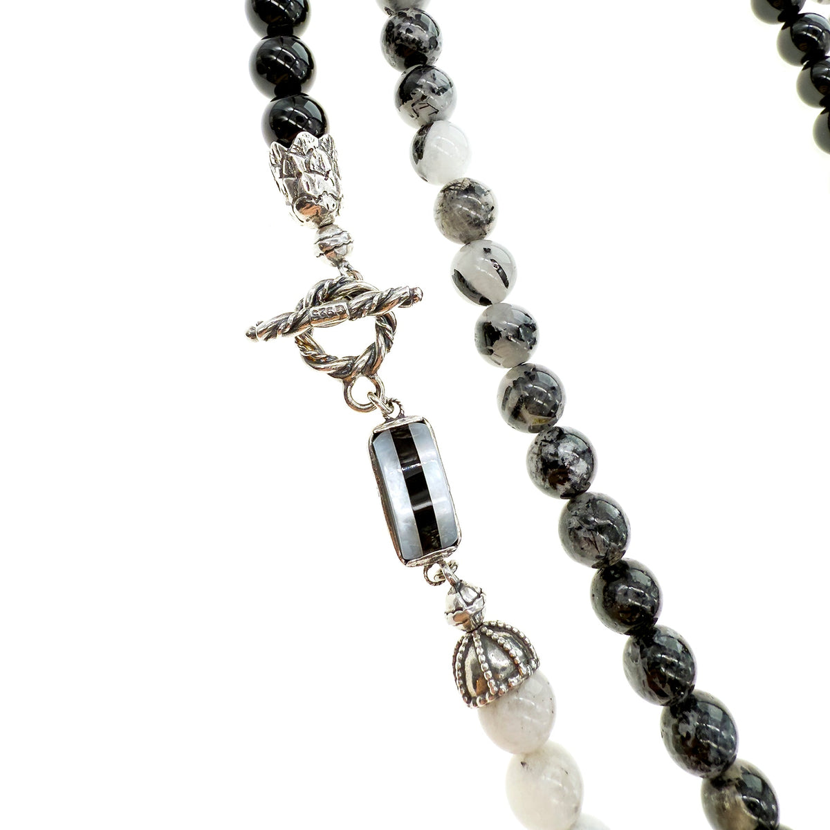 Black And White Long Beaded Necklace – Sterling Silver – Gem Kingdom