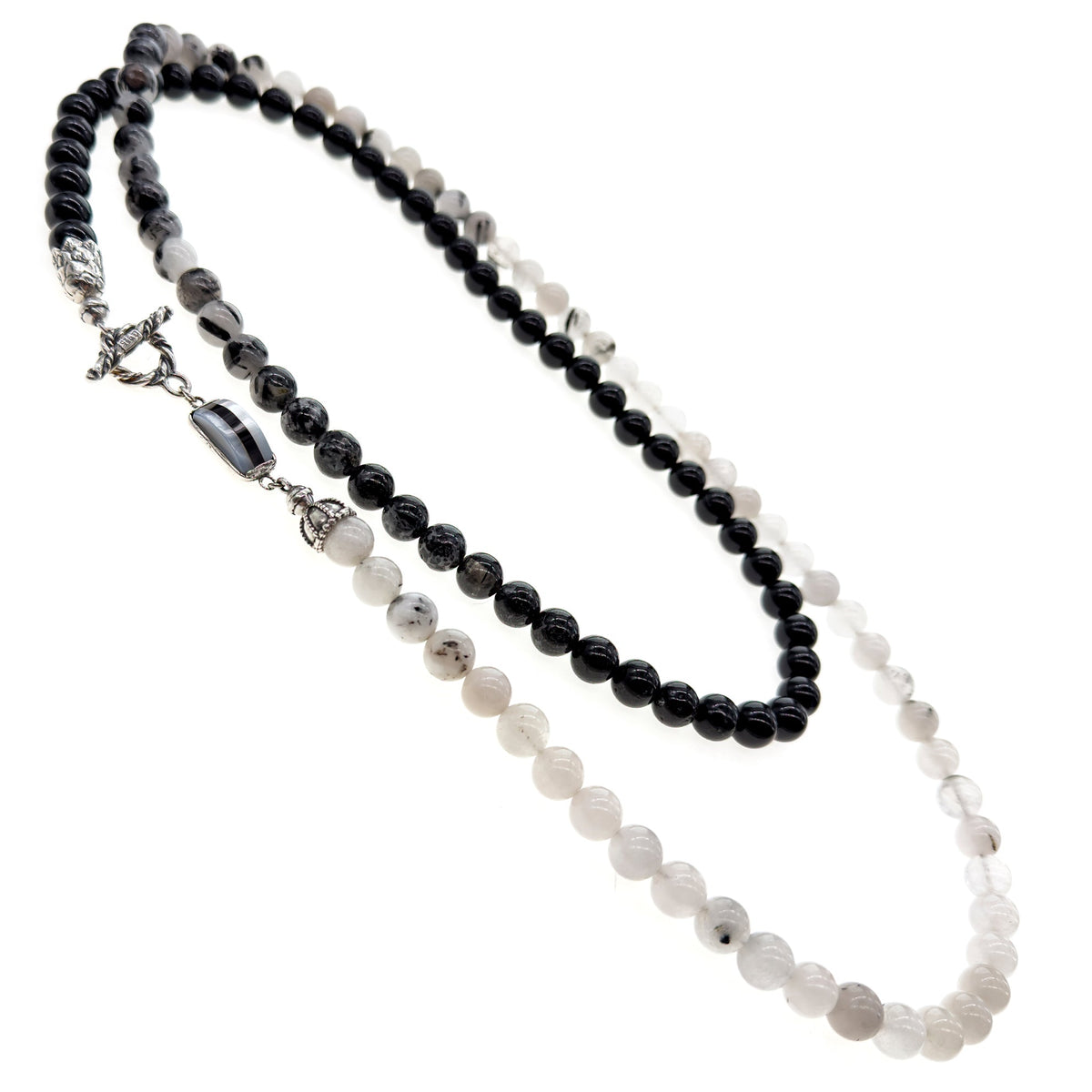 Black And White Long Beaded Necklace – Sterling Silver – Gem Kingdom