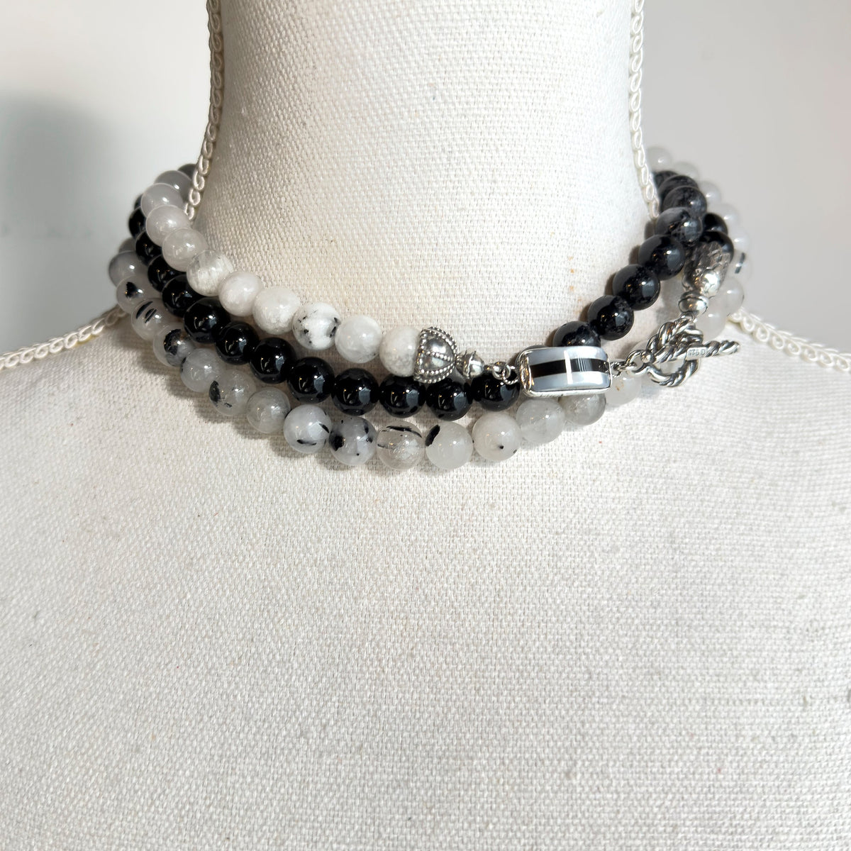 Black And White Long Beaded Necklace – Sterling Silver – Gem Kingdom