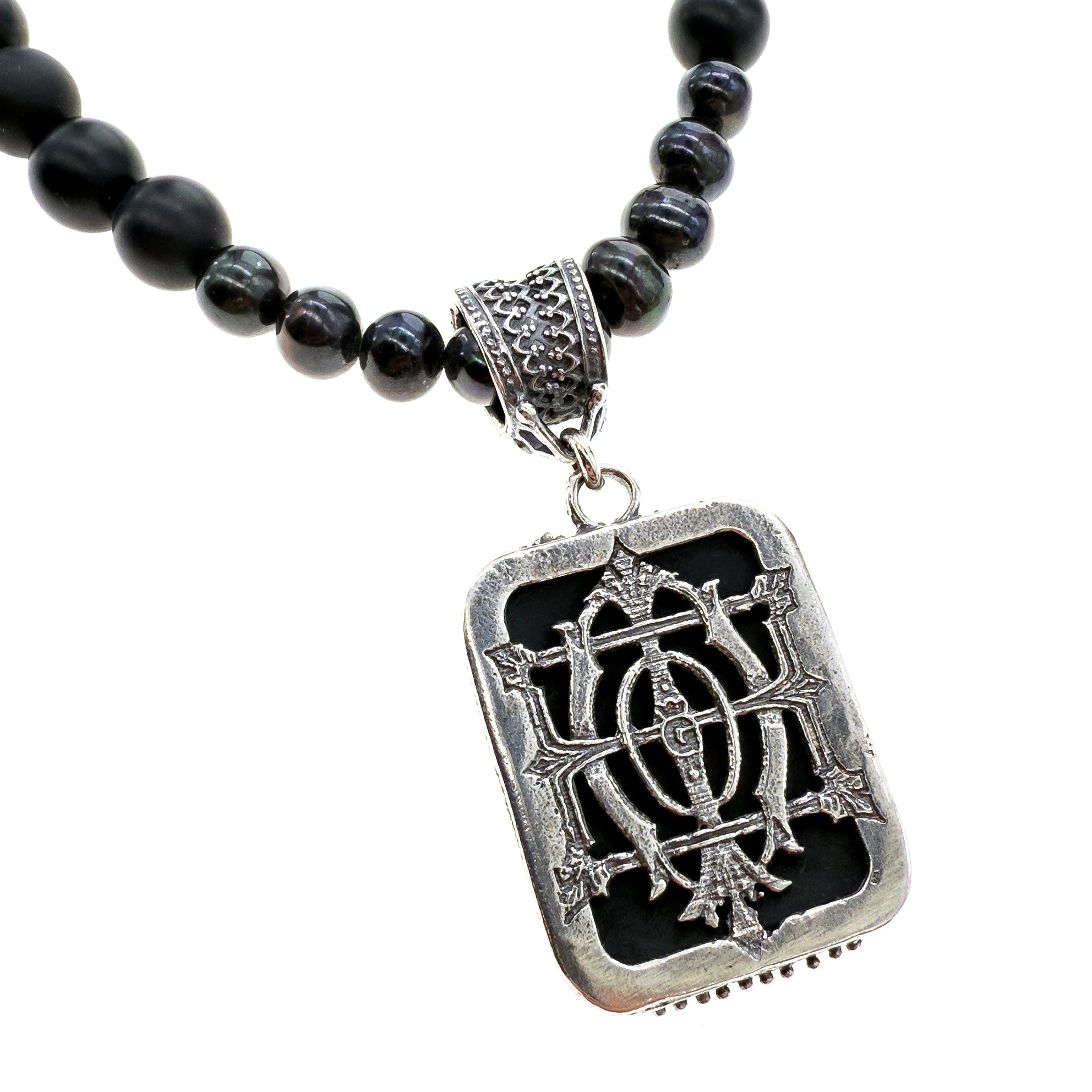 Black Vintage Cameo Beaded Pendant Necklace – Sterling Silver – Gem Kingdom