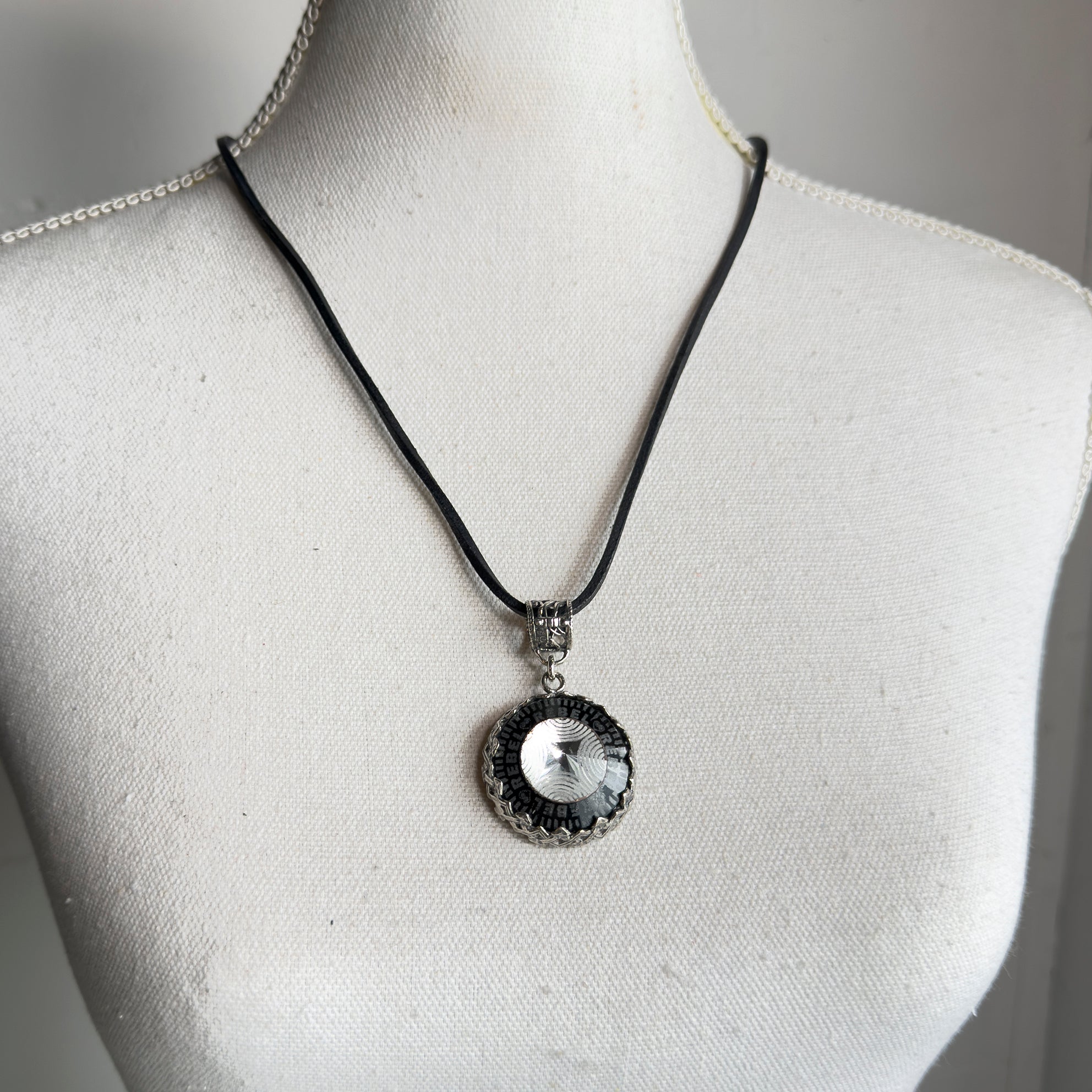 Rebel Rebel Black Engraved Glass Crystal Necklace – Sterling Silver – Gem Kingdom