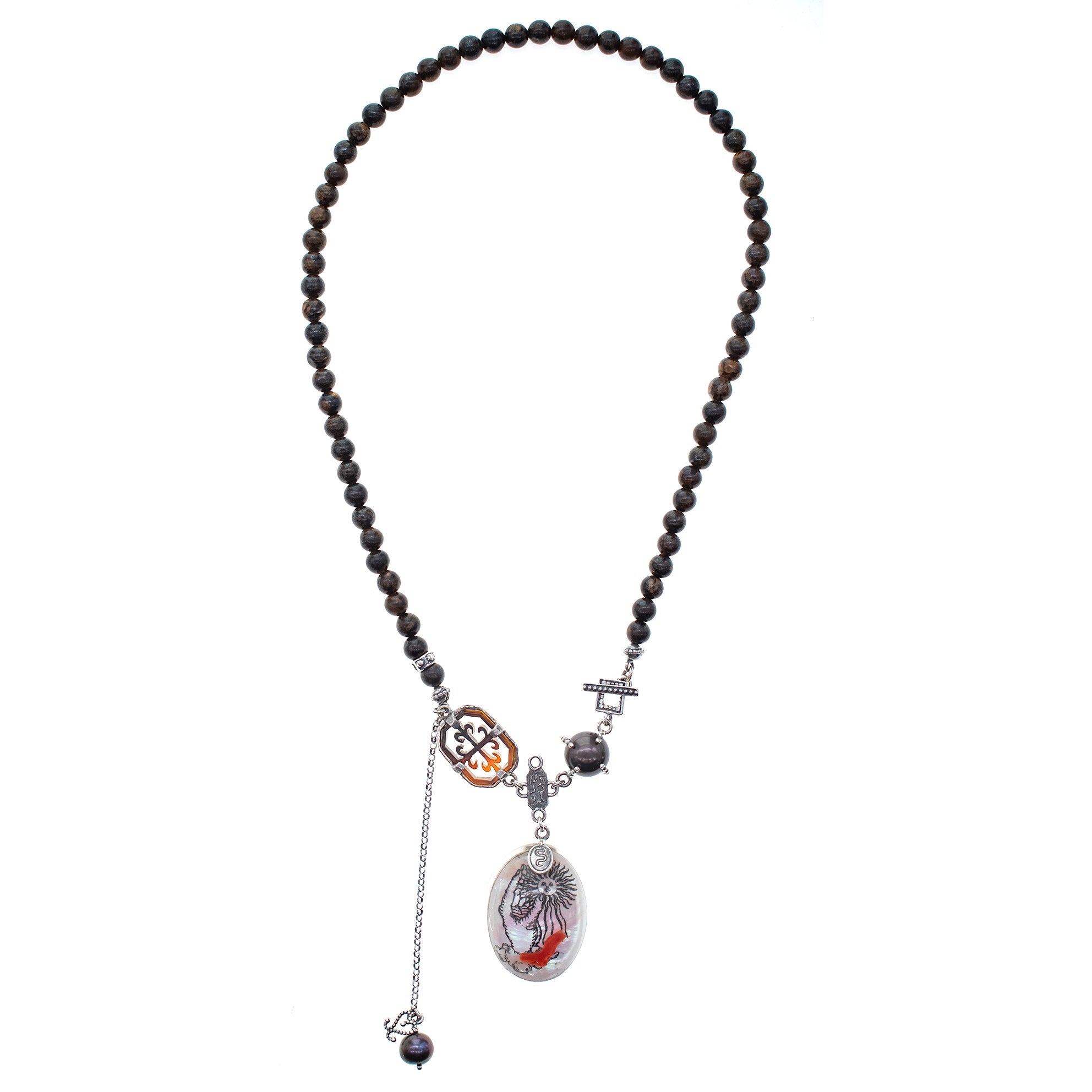 Bronzite & Coral Resin Necklace – Sterling Silver – Gem Kingdom