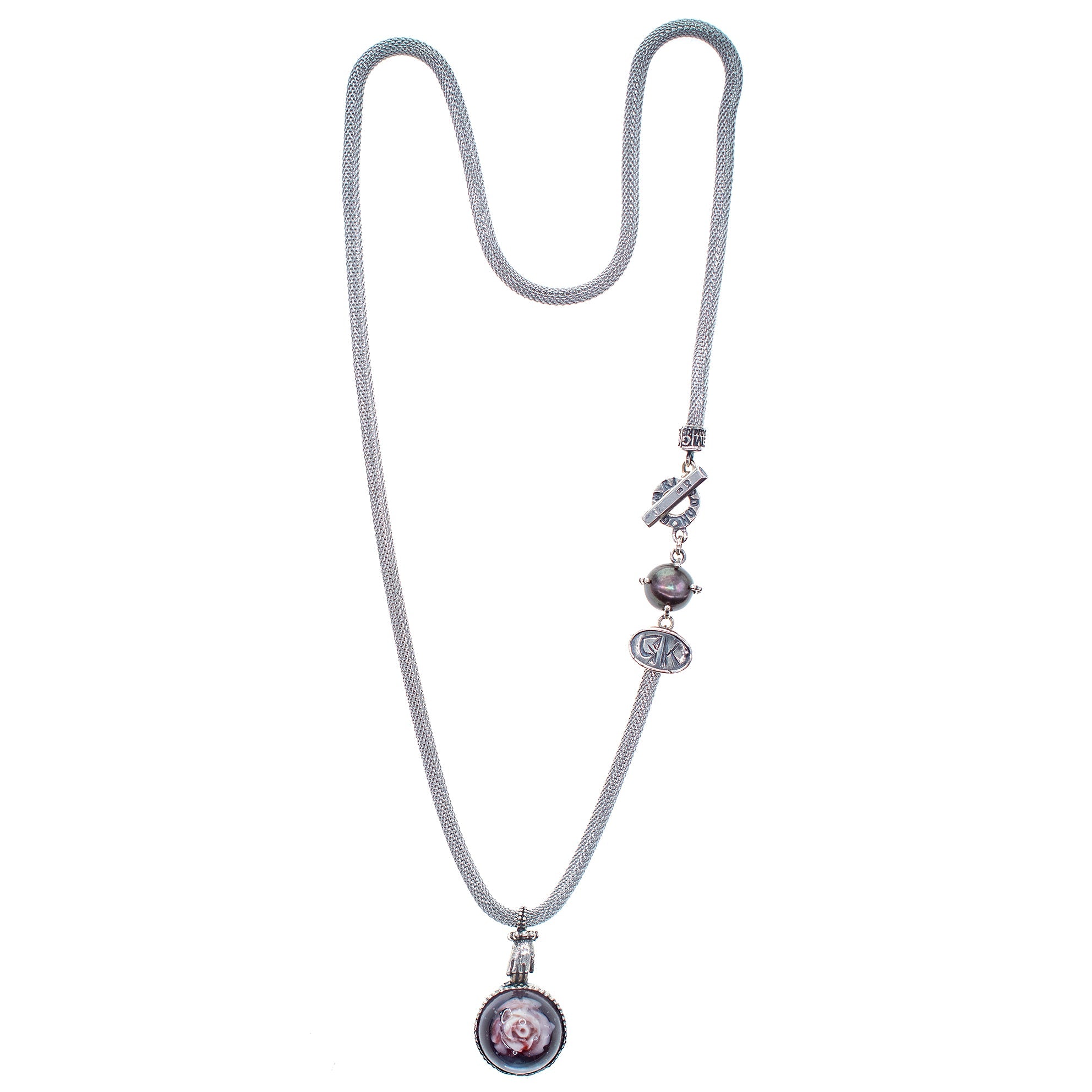 Resin Pink Rose Mesh Necklace – Sterling Silver – Gem Kingdom