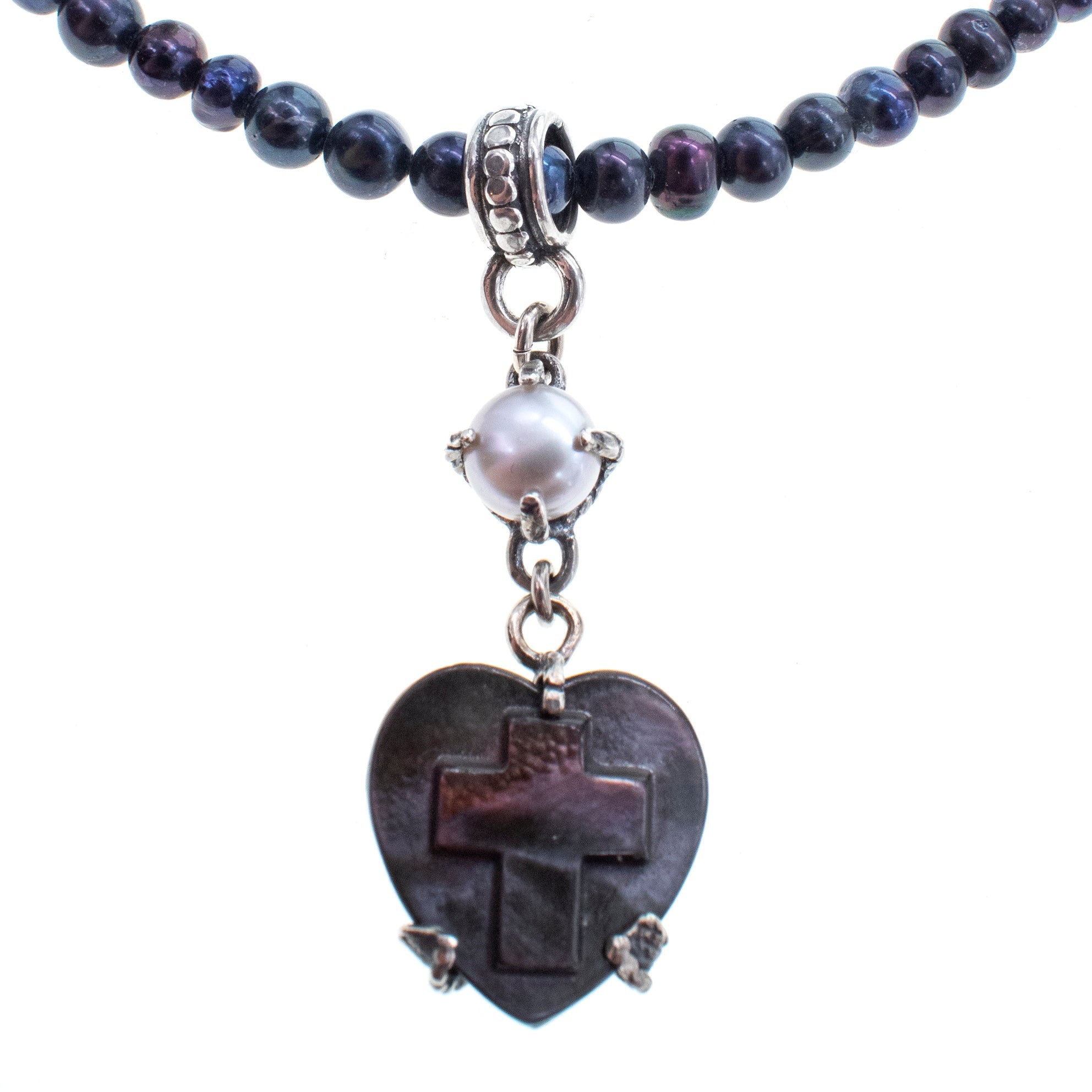 Black Mother Of Pearl Heart & Pearl Necklace – Sterling Silver – Gem Kingdom