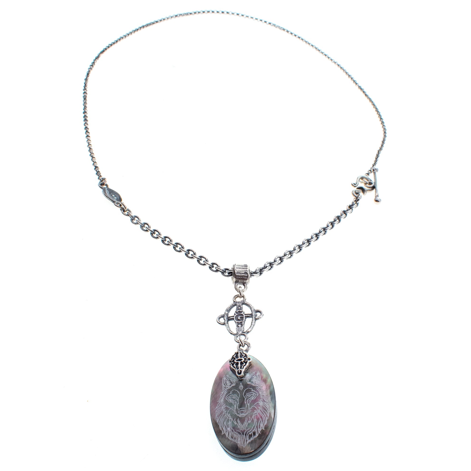 Engraved Mother Of Pearl Wolf Necklace – Sterling Silver – Gem Kingdom