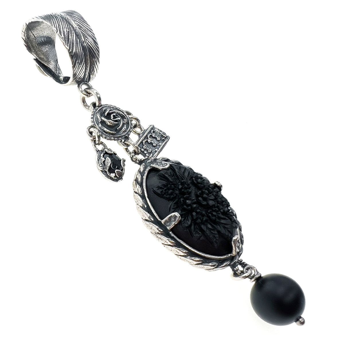 Zwarte Bloem Camee Hanger – Sterling Zilver – Gem Kingdom