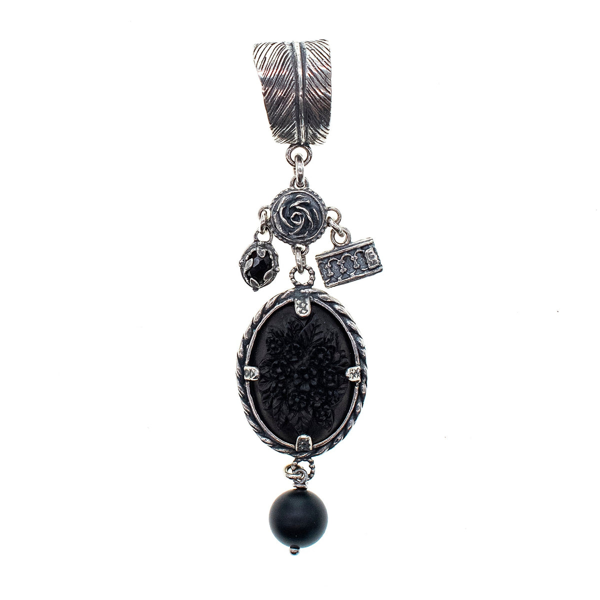 Zwarte Bloem Camee Hanger – Sterling Zilver – Gem Kingdom