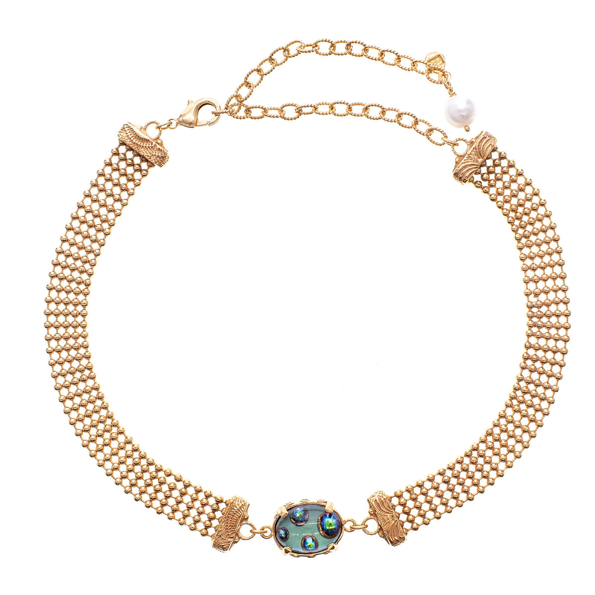 Vintage Green Glass Mesh Choker – Gold Plated – Gem Kingdom