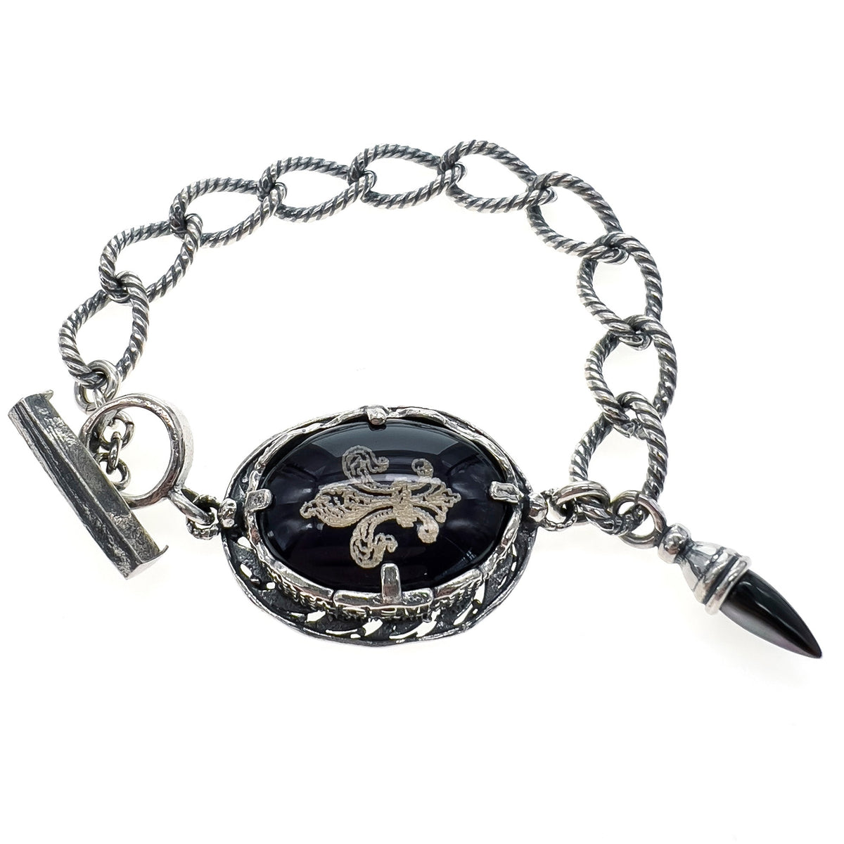 Fleur-De-Lis Intaglio Bracelet Black – Sterling Silver – Gem Kingdom