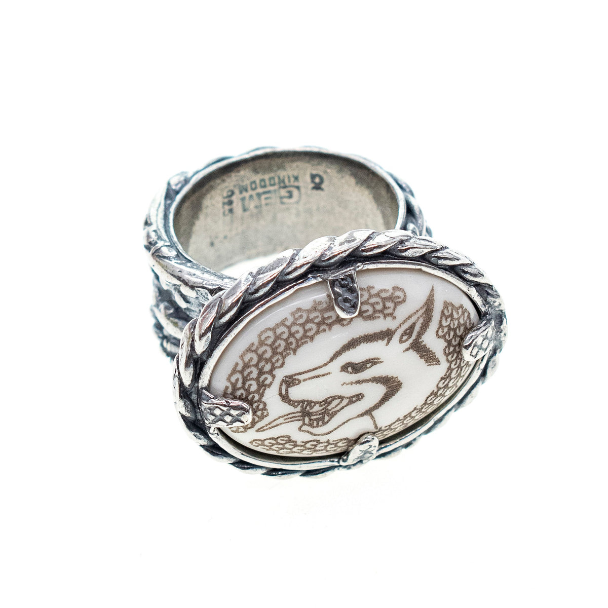 Wide Band Wolf Ring White – Sterling Silver – Gem Kingdom