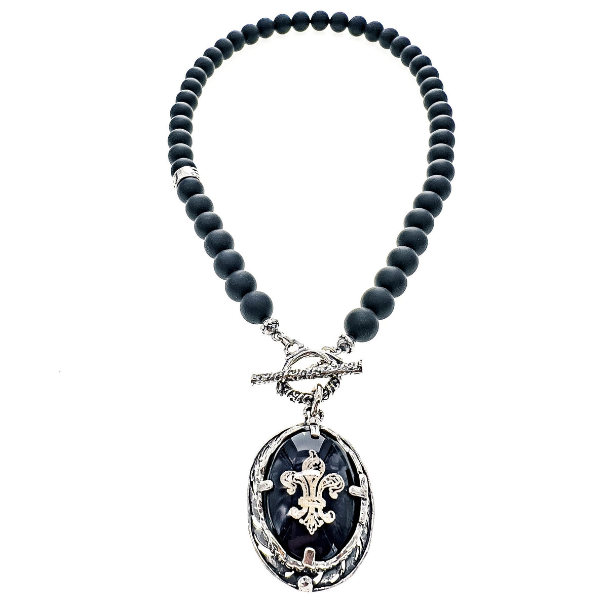 Fleur-De-Lis Bead Necklace Black – Sterling Silver – Gem Kingdom