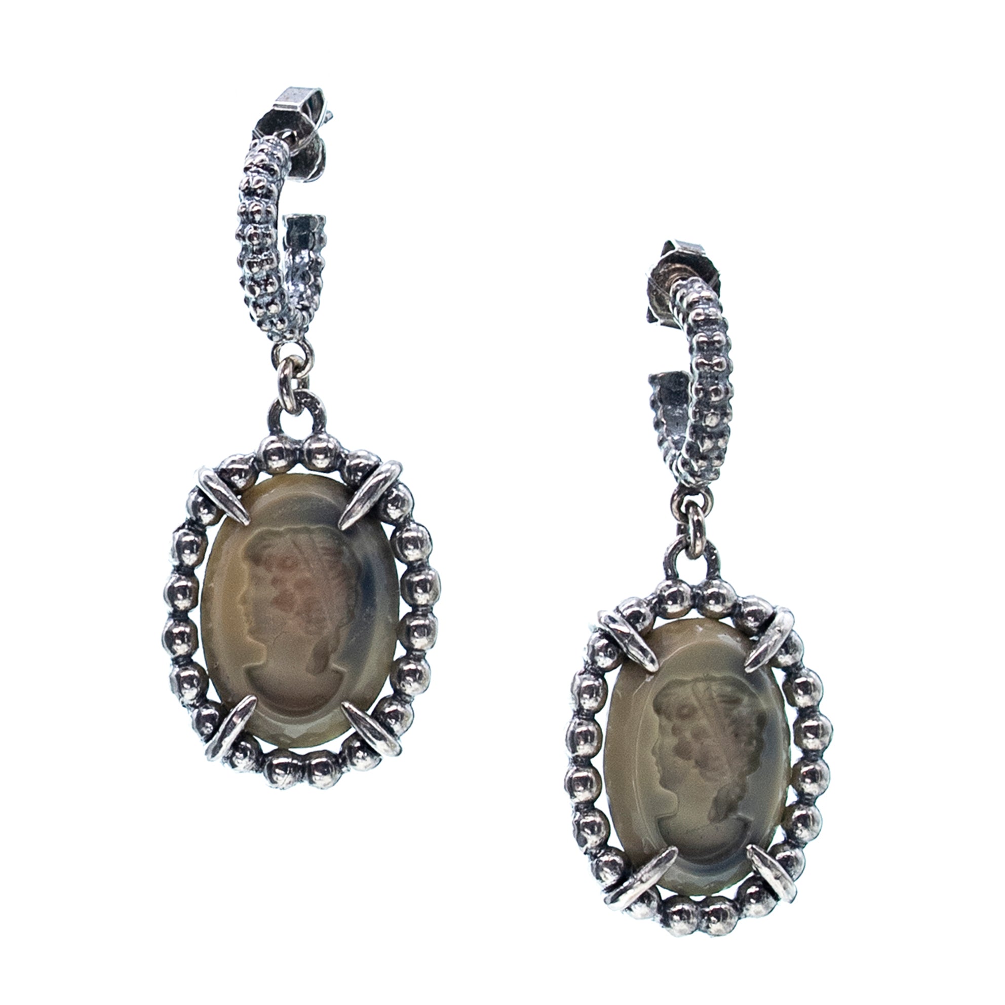 Vintage Cameo Drop Earrings – Sterling Silver – Gem Kingdom