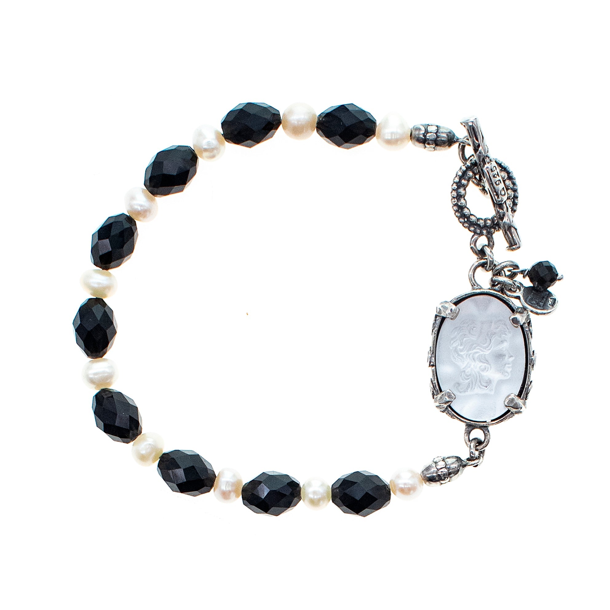 White Cameo Beaded Bracelet – Sterling Silver – Gem Kingdom