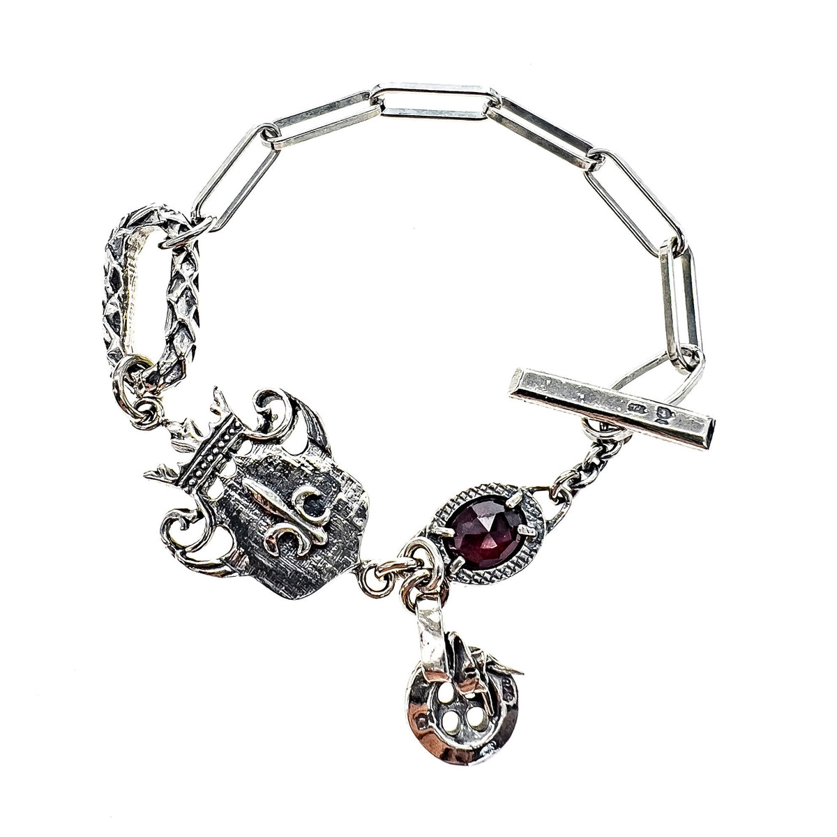 Shield & Garnet Charm Bracelet – Sterling Silver – Gem Kingdom