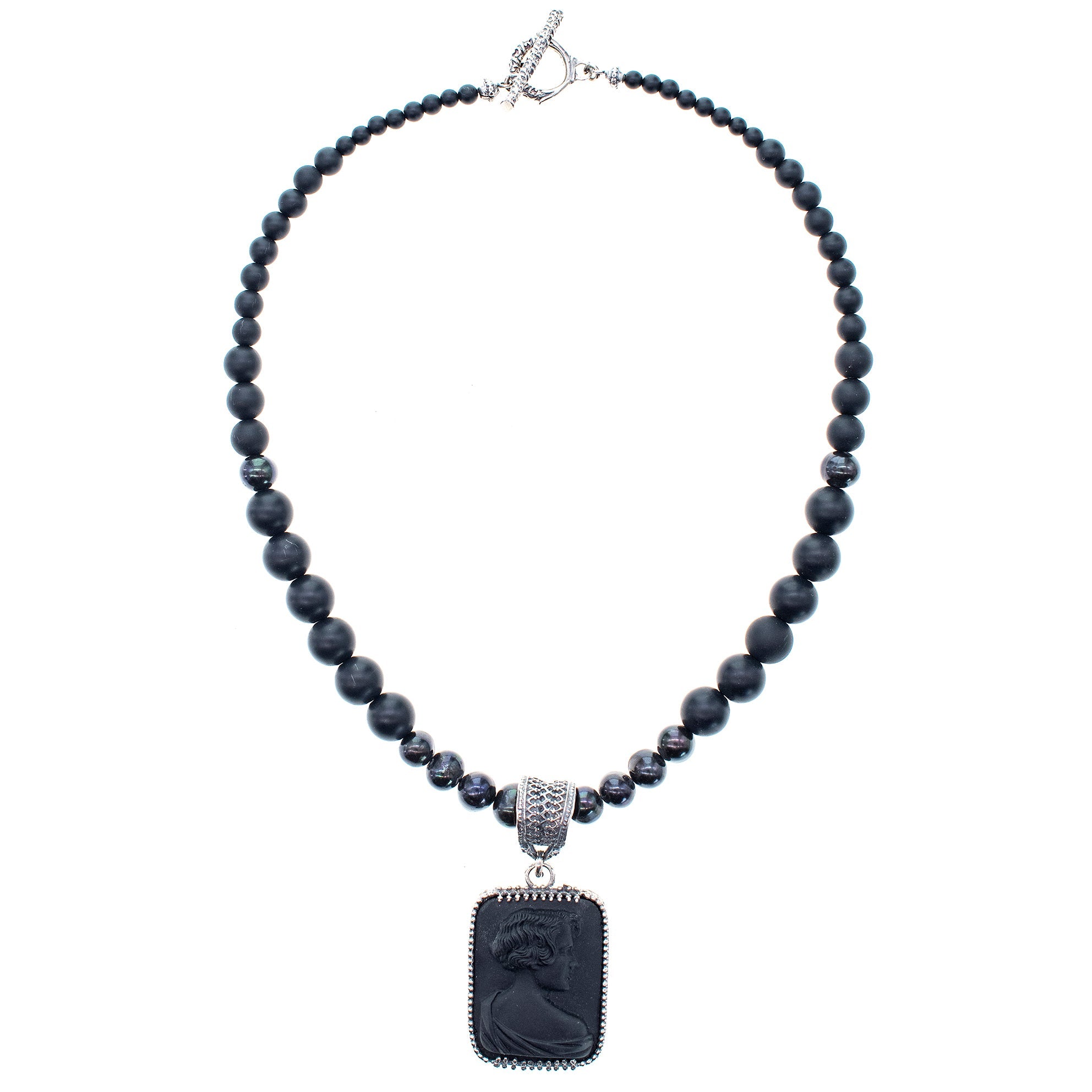 Black Vintage Cameo Beaded Pendant Necklace – Sterling Silver – Gem Kingdom