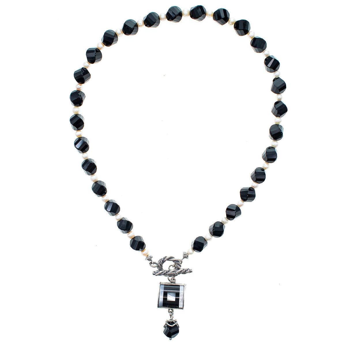 Black And White Square Inlay Necklace – Sterling Silver – Gem Kingdom